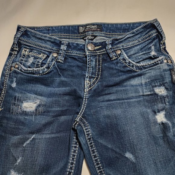 Silver Aiko Dark Wash Distressed Low Rise Baby Bootcut Jeans - Picture 3 of 6